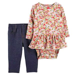 CARTERS 2Pc Red Colorful Ditsy Floral Print Long Sleeve Ruffle Onesie Pants Set